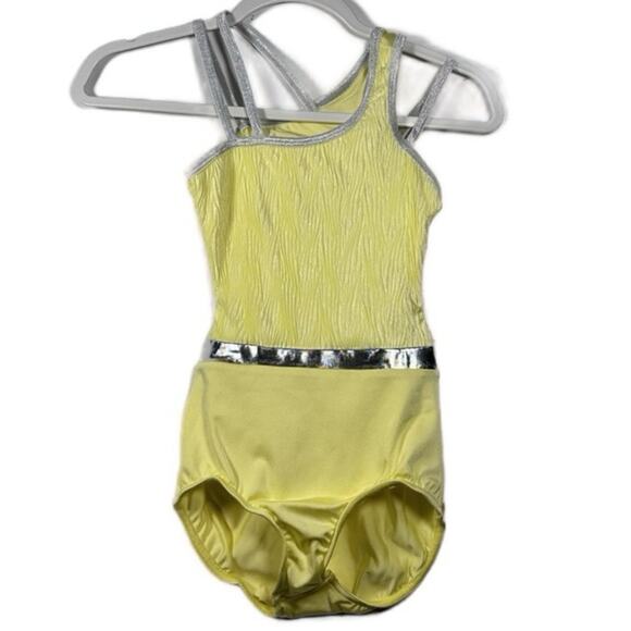 Double Platinum Girls One Shoulder Performance Leotard Yellow silver CL NWT - Picture 4 of 9